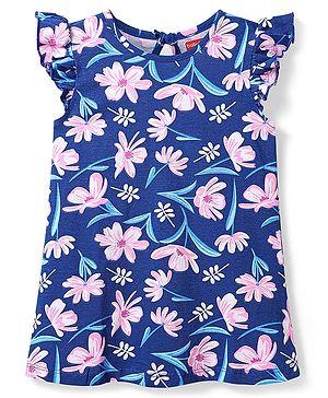 Babyhug Cotton Knit Frill Sleeves Nighty with Floral Print - Navy Blue