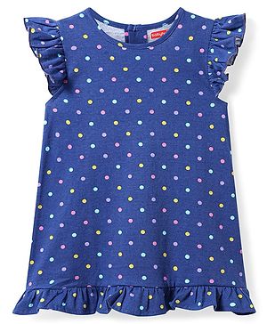 Babyhug Cotton Knit Frill Sleeves Nighty with Polka Dots - Navy Blue