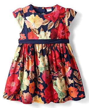 Babyhug Cotton Woven Half Sleeves Frock with Floral Print & Fabric Belt - Navy Blue