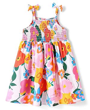 Babyhug Cotton Woven Sleeveless Anti Bacterial Floral Printed Frock with Smocked & Bow Detailing - White Blue & Orange