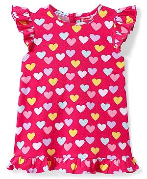 Babyhug Cotton Knit Frill Sleeves Nighty with Heart Print - Dark Pink