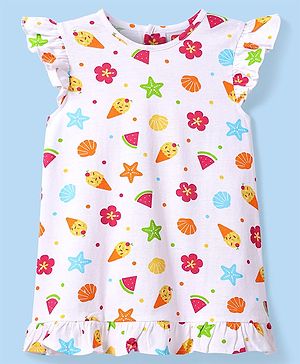 Babyhug Cotton Knit Frill Sleeves Nighty with Tropical Print - White