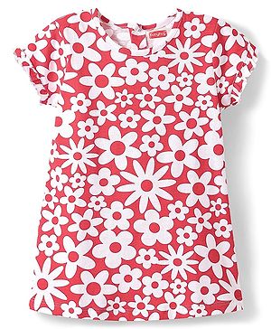 Babyhug Cotton Knit Half Sleeves Nighty With Floral Print - Red & White