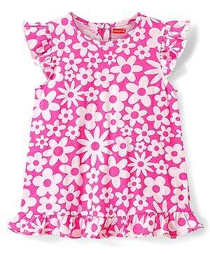 Babyhug Cotton Knit Frill Sleeves A Line Night Suit with Floral Print - Pink