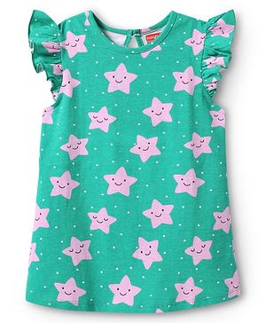 Babyhug Cotton Knit Frill Sleeves Nighty with Star Print - Green