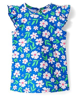 Babyhug Cotton Knit Frill Sleeves A Line Night Suit with Floral Print - Blue