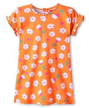 Babyhug Cotton Knit Frill Sleeves Nighty with Floral Print - Orange