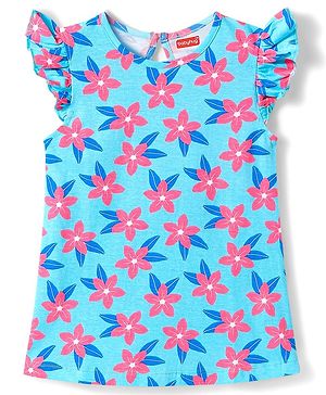 Babyhug Cotton Knit Frill Sleeves A Line Nighty with Floral Print - Light Blue