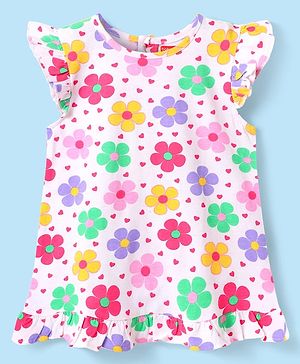 Babyhug Cotton Knit Frill Sleeves Nighty With Floral Print - White