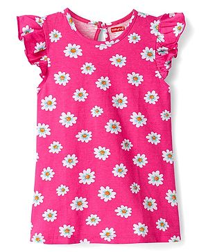 Babyhug Cotton Knit Frill Sleeves Nighty with Floral Print - Dark Pink