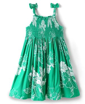 Babyhug Cotton Woven Sleeveless Frock With Floral Print & Smocking Detailing - Green