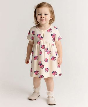 Bonfino 100% Cotton Knit Half Drop Shoulder Sleeves Frock with Fish Print - Beige