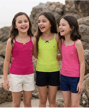 Pine Kids Cotton Elastane Knit Singlet Sleeves Solid Color Slips Pack of 3 (Color May Vary)