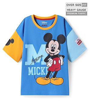 Pine Kids Disney  Single Jersey Knit Half Drop Shoulder Sleeves Oversized T-Shirt with Mickey Mouse Graphics & Patch Detailing - Blue