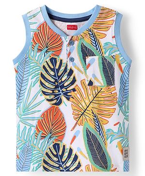Babyhug Cotton Knit Sleeveless Tank Henley Neck T-Shirt with Tropical Theme Print - White