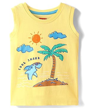 Babyhug Cotton Knit Sleeveless Tank T-Shirt With Beach Theme Print -Yellow