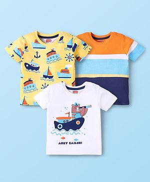 Babyhug Cotton Knit Half Sleeves T-Shirts with Stripes & Boat Print Pack Of 3 - Yellow & White