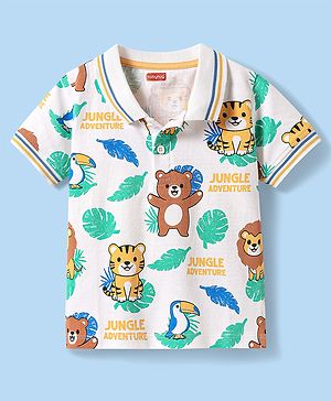 Babyhug Cotton Knit Half Sleeves Collar T-Shirt with Animal Print -  White