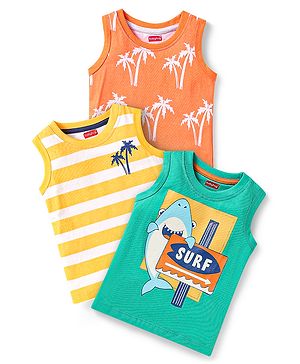 Babyhug Cotton Knit Sleeveless Tank T-Shirts With Stripes & Beach Theme Print Pack Of 3 - Yellow & Orange