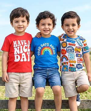 Babyhug Cotton Knit Half Sleeves T-Shirts with Text Print Pack of 3 - White Red & Blue