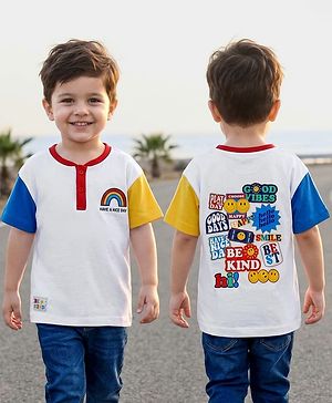 Babyhug Cotton Knit Half Sleeves Oversized Drop Shoulder Color Block Henley Neck T-Shirt With Rainbow Print - Blue & White