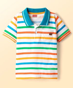 Babyhug Cotton Knit Half Sleeves Striped Polo T-Shirt - White & Blue