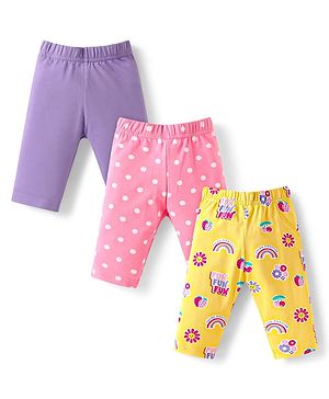 Babyhug Cotton Lycra Knit Three Fourth Length Leggings With Polka Dots & Floral Print Pack Of 3 - Pink & Yellow & Purple