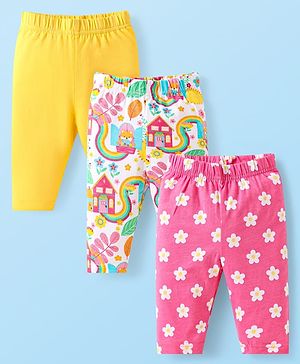 Babyhug Cotton Lycra Knit Three Fourth Length Leggings With Floral Print Pack of 3 - Yellow White & Pink