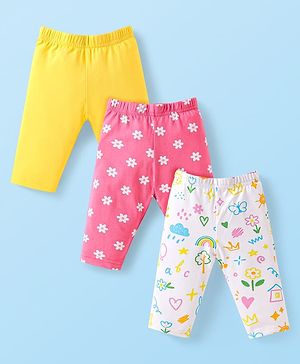 Babyhug Cotton Lycra Knit Three Fourth Length Leggings With Butterfly & Floral Print Pack Of 3 - Yellow Pink & White