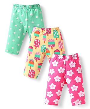 Babyhug Cotton Lycra Knit Capri Length Leggings With Floral & Ice Cream Print Pack of 3 - Dark Pink Yellow & Sea Green