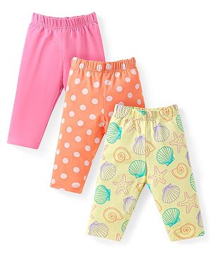 Babyhug Cotton Lycra Knit Three Fourth Length Leggings With Polka Dots & Star Fish Print Pack of 3 - Pink Yellow & Orange