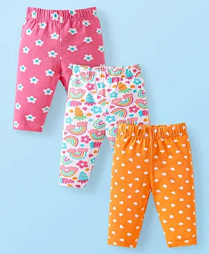 Babyhug Cotton Lycra Knit Three
                              Fourth Length Leggings With Floral Heart
                              & Rainbow Print Pack of 3 - Orange
                              White & Pink