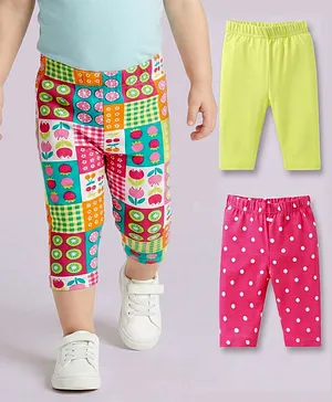 Babyhug Cotton Lycra Knit Three
                              Fourth Length Leggings With Polka Dot
                              & Floral Print Pack of 3 - Pink &
                              Light Green