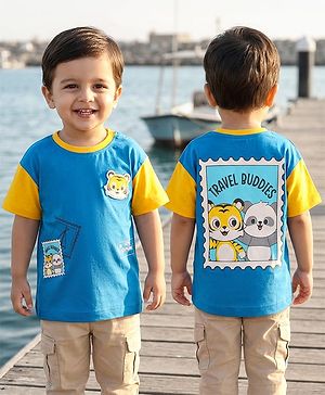 Babyhug Cotton Knit Half Sleeves Oversized Drop Shoulder T-Shirt With Front & Back Animal Print - Blue & Yellow