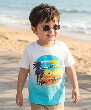 Babyhug Cotton Knit Half Sleeves T-Shirt With Ombre Effect & Beach Graphics - White & Light Blue