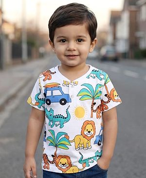 Babyhug Cotton Knit Half Sleeves Henley Neck T-Shirt with Animal Print - White