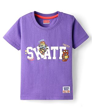 Babyhug Cotton Knit Half Sleeves T-Shirt With Skate & Animal Text Print - Purple