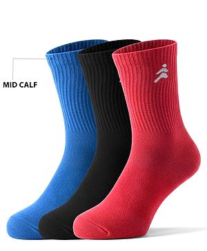 Pine Active Cotton Lycra Knit Breathable Athletic Logo Designed Socks Pack Of 3 - Black Red & Blue