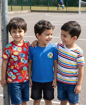 Babyhug Cotton Knit Half Sleeves T-Shirts with Animal Print & Stripes Pack of 3 - Blue Red & White