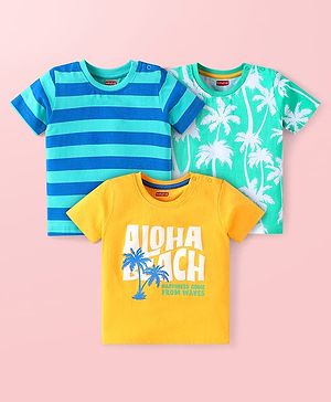 Babyhug Cotton Knit Half Sleeves T-Shirts with Beach Theme Print & Stripes Pack of 3 - Yellow & Blue