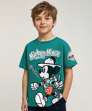 Pine Kids Disney Single Jersey Knit Half Sleeves Oversize Drop Shoulder T-Shirt With Mickey Mouse Graphic And Badge Detailing - Olive Green