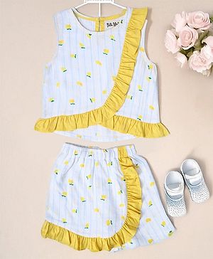 Bella Moda Cotton Sleeveless Floral Printed Top With Coordinating Shorts Set - White