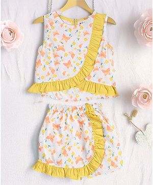 Bella Moda Cotton Sleeveless Butterfly Printed Frill Detailed Coordinating Top & Shorts Set - Yellow