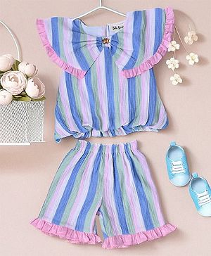 Bella Moda Cotton Sleeveless Striped & Frill Detailed Coordinating Top & Shorts Set - Blue
