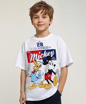 Pine Kids Disney Single Jersey Knit Half Sleeves Oversized Drop Shoulder T-Shirt With Mickey & Friends Graphic - White