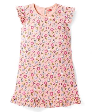 Babyhug Cotton Knit Frill Sleeves Nighty with Bunny & Floral Print - Peach