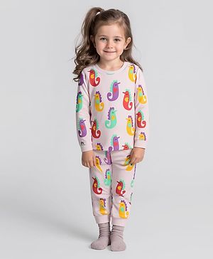 Bonfino 100% Cotton Knit Full Sleeves Co-ords Night Suit with Bird Print - Lavender