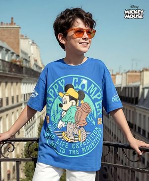 Pine Kids Disney Single Jersey Knit Half Drop Shoulder Sleeves T-Shirt with Mickey Mouse Graphics - Blue