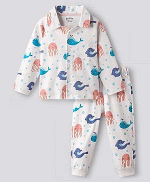 Bonfino 100% Cotton Knit Full Sleeves Co-ord Nightsuit with Sea Life Print - White