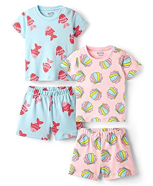 Bonfino 100% Cotton Knit Half Sleeves Co-ords Shorts Night Wear With Sea Life Theme Pack Of 2 - Blue & Pink